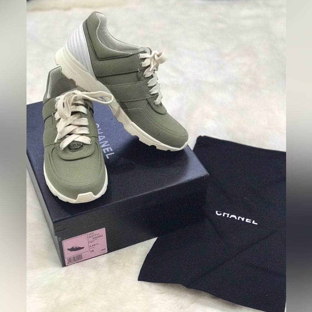 EUC Chanel Olive Canvas sneakers with dust bag and box. Size 38. Worn twice.